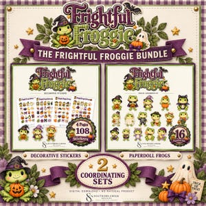 May include: A digital bundle titled Frightful Froggie featuring 108 decorative stickers across 4 pages and 16 paperdoll frogs. The design includes illustrations of green frogs in Halloween costumes, pumpkins, ghosts, and purple banners.