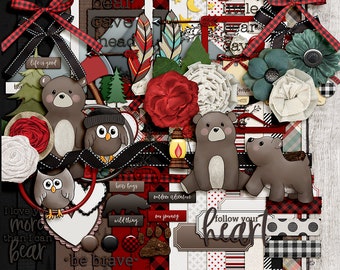 Chop Away at My Heart- Lumberjack Bear Digital Scrapbooking Kit - 17 Papers - 60 Plus Elements - Paper Size - 12 x 12 Inches