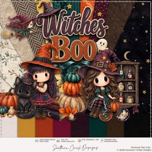 Może przedstawiać: Cyfrowy zestaw graficzny zatytułowany Witches Boo przedstawiający dwie postacie z kreskówek w czarodziejskich kapeluszach, czarnego kota, stos dyń oraz drewnianą półkę z buteleczkami mikstur. Tło składa się z różnych tekstur i kolorów.