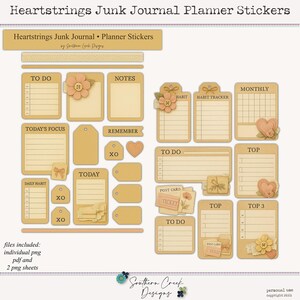 Puede incluir: Un conjunto de pegatinas de planificador de diario Heartstrings Junk en varias formas y tamaños. Las pegatinas son en tonos beige y marrón, con detalles florales y de corazón. Incluye pegatinas "To Do", "Notes" y "Today's Focus".