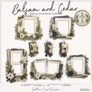 Könnte beinhalten: Eine digitale Scrapbook-Kollektion mit dem Titel Balsam and Cedar, bestehend aus fünf dekorativen Fotorahmen und drei Anhängern. Die Elemente sind mit Tannenzweigen, Tannenzapfen, Weihnachtssternen, Karobändern und Knöpfen in Grün, Blau und Weiß verziert.