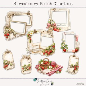 Op de afbeelding: Digitale scrapbook-elementen met aardbeienclusters. Inclusief frames, tags en een mand met aardbeien met een pot jam. Geaccentueerd met madeliefjes, linten en de tekst "Sweet Memories" en "oh so sweet". Ontworpen door Southern Creek Designs.