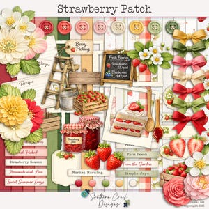 Puede incluir: Un collage digital titulado "Strawberry Patch" con fresas, lazos, flores y tarjetas de recetas. Los elementos incluyen una escalera de madera, una pizarra con precios y tarros de mermelada de fresa. La paleta de colores es roja, verde y blanca.