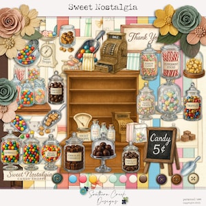 Puede incluir: Ilustración de estilo vintage de una tienda de dulces con frascos de dulces, una caja registradora y una pizarra que dice "Candy 5¢". La imagen incluye chicles, gominolas y caramelos de chocolate.