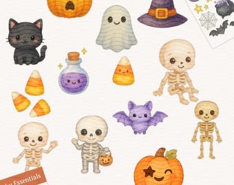 Kawaii Halloween Sticker Bundle | Boo Crew Cuties | Watercolor Clipart (300 DPI PNG)