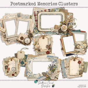 May include: A collection of scrapbook clusters with vintage frames, tags, and floral accents. The design includes clocks, stamps, and the text "Postmarked Memories Clusters", "CARTE POSTALE", "JOURNEY AWAITS", and "EXPLORE".