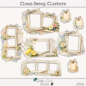May include: A collection of scrapbook elements with a vintage aesthetic. The design includes photo frames, tags, and decorative embellishments like flowers, buttons, and lemons. The text "Clean Sweep Clusters" is at the top. The words "sunshine & smiles" and "snapshots" are also visible.