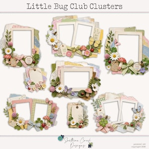 May include: A collection of scrapbook-style photo frame clusters. Each frame is decorated with floral elements, butterflies, mushrooms, and tags. The text "Little Bug Club Clusters" is at the top. The bottom of the image has the text "Southern Creek Designs".