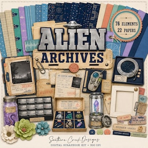 May include: A digital scrapbook kit titled Alien Archives featuring 76 elements and 22 papers. Includes vintage-style documents, UFO sighting reports, a specimen jar with purple tentacles, a debris box, a crystal display, and various paper textures.