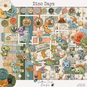 Op de afbeelding: Een digitale scrapbooking-set genaamd Dino Days met cartoon-dinosaurussen, fossielen, museumtickets en paleontoloog-certificaten. De collectie bevat bloemaccenten, knopen en gereedschappen in een palet van gedempte groen-, oranje- en blauwtinten.