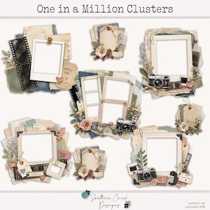 May include: Digital scrapbook elements with photo frames, film strips, cameras, and tags. The design features a vintage aesthetic with neutral tones, floral accents, and the text "One in a Million Clusters". Perfect for creating custom photo layouts.