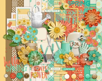 May include: A digital scrapbook kit with a spring theme. The kit includes images of flowers, gardening tools, and text elements. The colors are bright and cheerful, with a mix of yellow, orange, green, and blue.