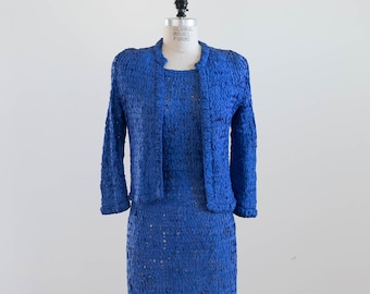 Vintage 1950s Ribbon Knit Cobalt Blue Dress with Matching Jacket