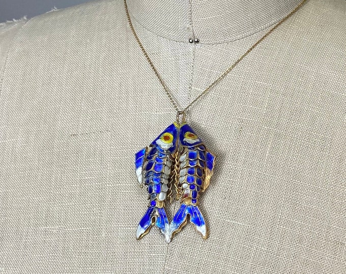Vintage Chinese Cloisonne Articulated Double Fish Pendant Silver W Gold ...