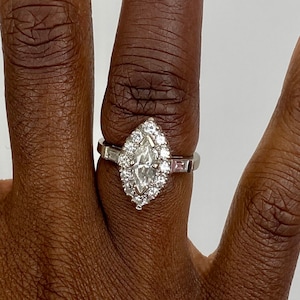 Estate Vintage Marquise brilliant cut diamond ring with round halo, baguette shoulders 14k white gold with appraisal, a engagement wedding image 1