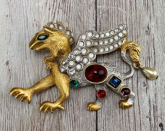 Vintage Designer Signed KJL Dragon Brooch Pin Gold Tone Large Figural Pin colorful glass cabochons and clear rhinestones