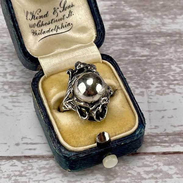 Large Vintage Art Nouveau Sterling Silver Statement Ring with Silver Orb & Floral Design by Jens Petersen