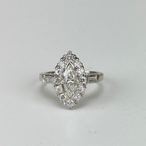 Estate Vintage Marquise brilliant cut diamond ring with round halo, baguette shoulders 14k white gold with appraisal, a engagement wedding image 2