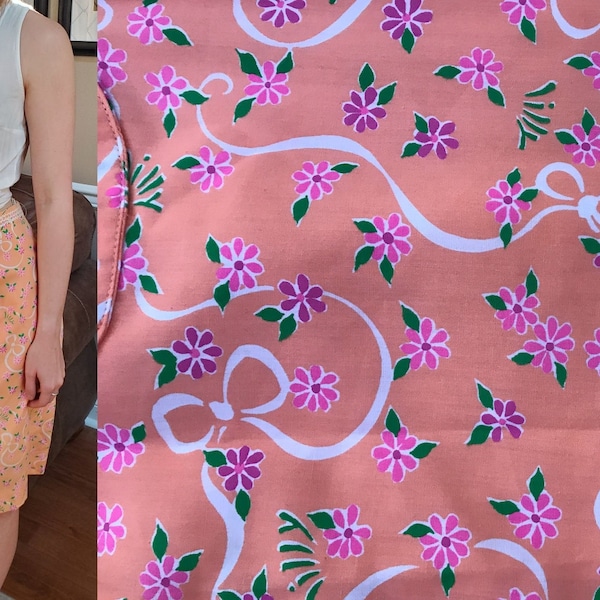 Lilly Pulitzer Vintage 1970s Skirt Bright Colorful Orange Novelty Printed Ribbon and Pink Flowers White Trim Details
