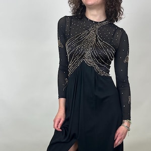 Rare Vintage 1970s Giorgio di Sant&#39;Angelo Stunning Full Length Black Gown with Silver and Gold Asymmetrical Rhinestones AS IS