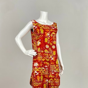 Alfred Shaheen Red Orange Lime Yellow Printed Cotton Dress Button Up Shift Vintage 1950s 1960s Pineapple Tropical Flowers Block Print
