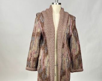 Missoni 1970s Metalic knit Cardigan Coat Duster Designer Vintage Pink Purple Brown John Wanamaker