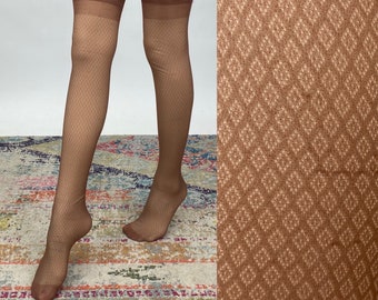 Vintage 1940s Brown Nylon Seamless Stockings Panty Hose Thigh High Socks with Knit Diamond Pattern