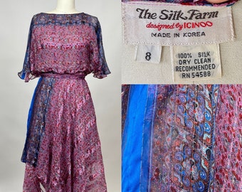 Special Vintage Silk Farm Designed by Icinoo Blouson Dress Purple Blue Intricate Detail
