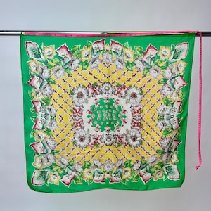 Vintage 1940s Silk Floral & Bow Printed Scarf Green Yellow Red Hand Rolled Edges