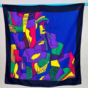 Vintage 1980s Funky Avant-Garde Picasso Portrait Blue Purple Multicolored Bright Large Square Bandana Shawl Neck Tie Silk Scarf 33&quot; x 33&quot;