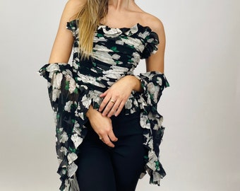 Vintage 1980er Jahre Carolyne Röhm Seide Bustier und Schal Sarong Schwarz Weiß Blumen Print Zweiteiler Set