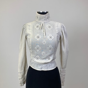 Authentic Antique Edwardian Victorian White Linen embroidered Bodice or blouse with high neckline and full sleeves