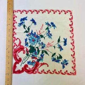 Vintage novelty Floral Bouquet hankie Handkerchief Hanky Blue Flowers Pink Border Gift for Her
