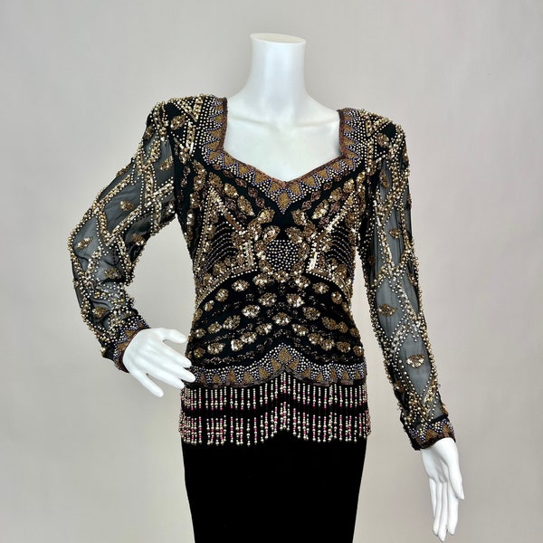 Vintage 1980s does 1920S Beaded and Sequins Long Sleeve Silk Top with Fringe Art Deco NYE New Years Eve Party Blue and Gold