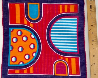 Vintage 1960s Pop Art Geometric Abstract novelty hankie Handkerchief Hanky Orange Blue Red Pink Purple