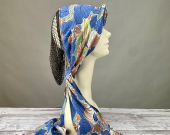 Vintage 1920s Silk Head Scarf with Hair Snood Novelty Print of Tropical Resort Dancers Seashells Leaves Black Net