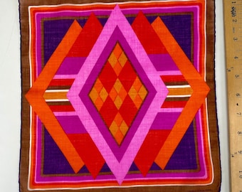 Vintage 1960s Fisba-Stoffels Abstract Geometric Pop Art Psychedelic novelty hankie Handkerchief Hanky Cotton Pink Purple Orange Red Brown