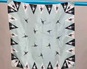 Vintage 1940s Silk Scarf or Neckerchief for the Symphony Ballet with Dancing Ballerinas Black and Turquoise