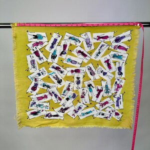 Vintage 1940s Novelty Fashion Illustration Sketch Cotton Scarf Yellow Pink Purple Blue