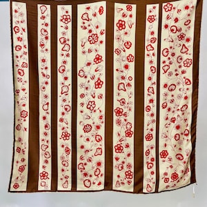 Early Vintage Silk Echo Scarf with Red Floral Vines on Tan and Brown Striped Background Hand Rolled Edges