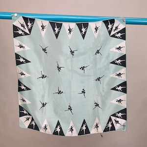 Vintage 1940s Silk Scarf or Neckerchief for the Symphony Ballet with Dancing Ballerinas Black and Turquoise
