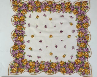 Vintage 1950s novelty Floral Print hankie Handkerchief Hanky Yellow Roses Purple Daisies Scalloped Edges