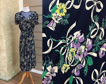 Vintage 1940s Yellow and Lilac Floral and Ribbon Print Knee Length Silk Rayon Navy Day Dress Pin Up