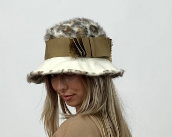 Vintage Yves Saint Laurent Spotted Leopard Fuzzy Faux Fur Hat With Olive Green Fringe Ribbon Bow