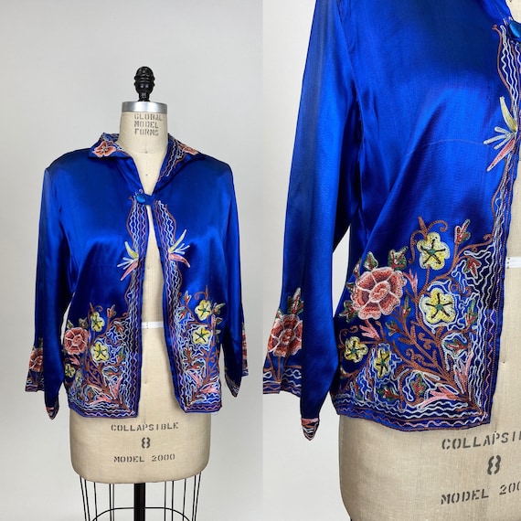 Vintage 1930s royal blue embroidered pajama top o… - image 1