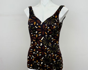 Rare Vintage 1950s Rose Marie Reid Cotton Bathing Suit Black Brown Green Orange Abstract Novelty Floral Print "Dare Back" Sheath Swim Suit