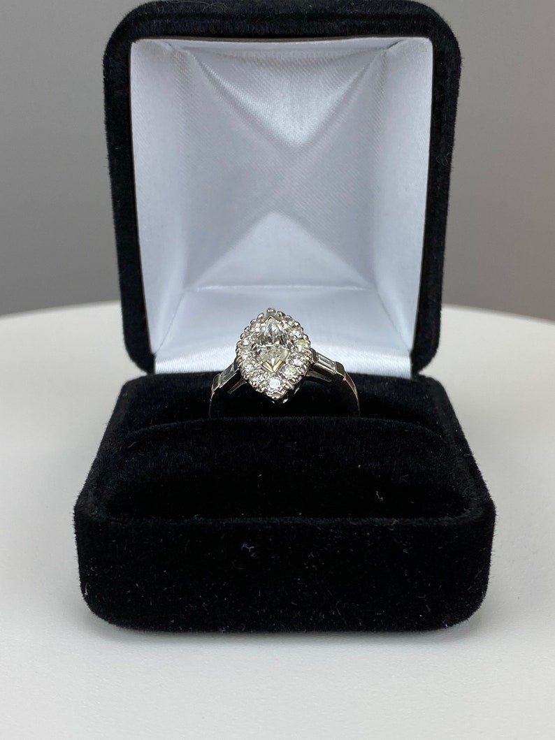 Estate Vintage Marquise brilliant cut diamond ring with round halo, baguette shoulders 14k white gold with appraisal, a engagement wedding image 5