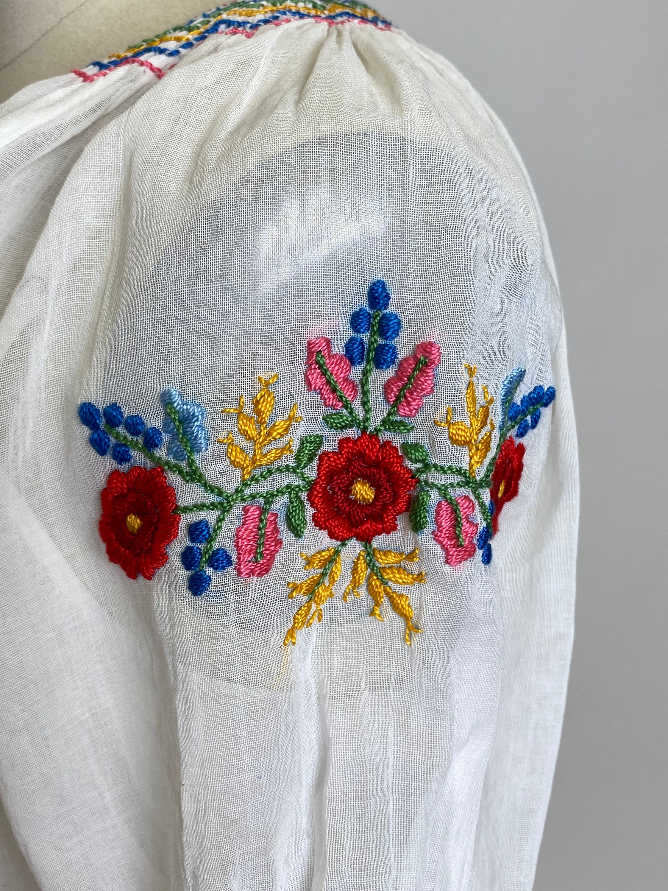 Vintage Circa 1930s White Sheer Short Sleeve Peasant Blouse With Multi-colored Hand Embroidery, Flowers, Floral Neckline, Rainbow Embroidery - Etsy Vintage Circa 1930s White Sheer Short Sleeve Peasant Blouse With Multi-colored Hand Embroidery, Flowers, Floral Neckline, Rainbow Embroidery - Etsy
