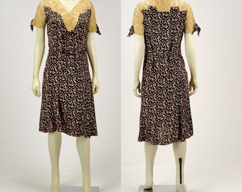 Authentic 1920s silk day dress with black pink cream ditzy flower print Lace AS IS Wounded Bird