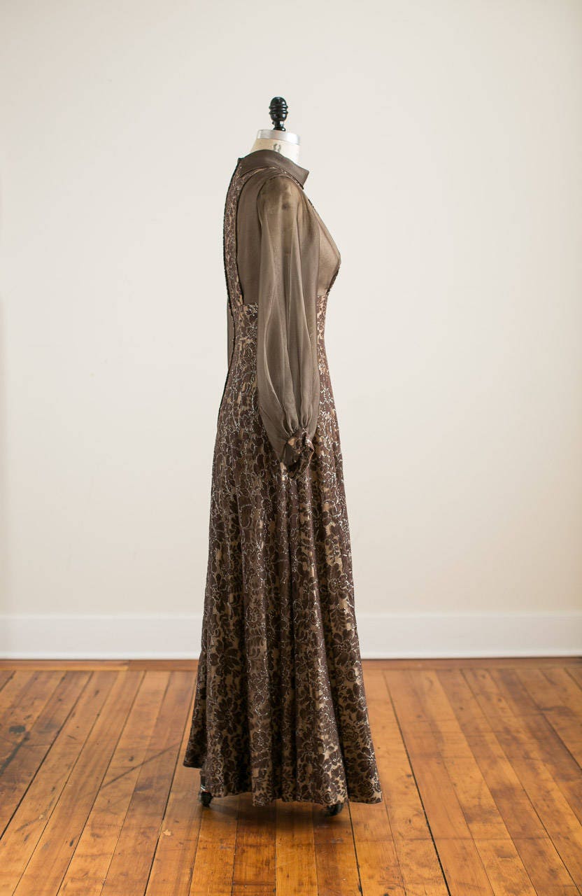 Vintage brown lace gown with woven silver thread high neck Etsy